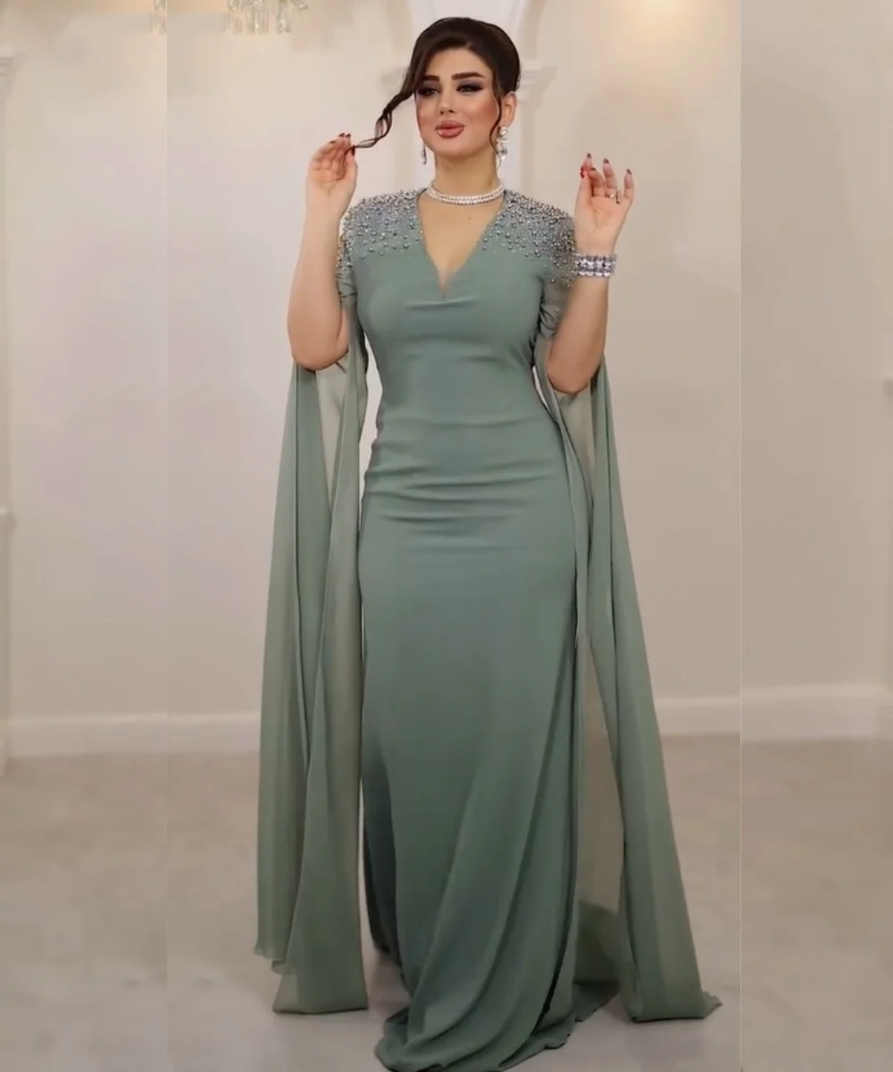 Customized Formal Jersey Sequined Pleat Straight V-neck Long Luxury Party Dresses Chinese Style High Quality