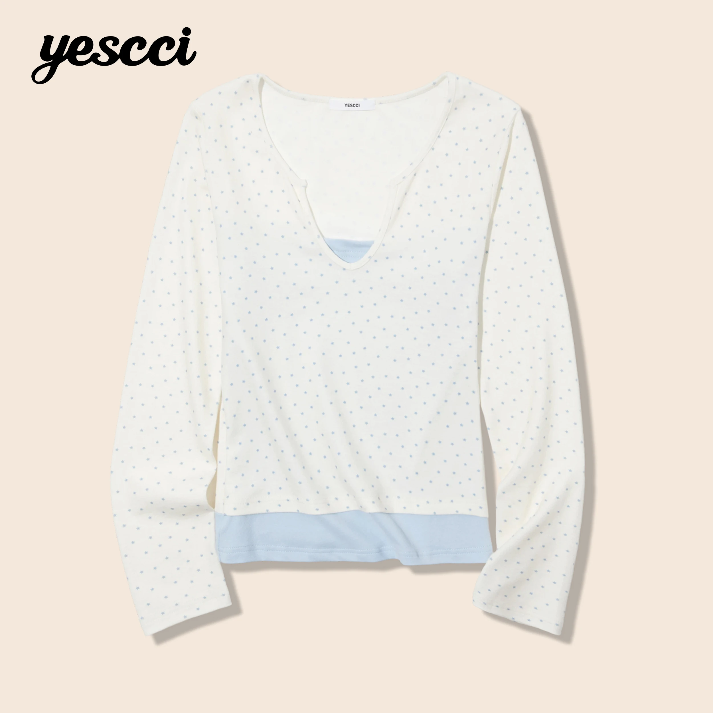 YESCCI Long Sleeve Women's Tee Shirt 2026 Autumn New Star Print V-Neck Contrast Fake Two-piece Tee Slim Casual Top S56112025