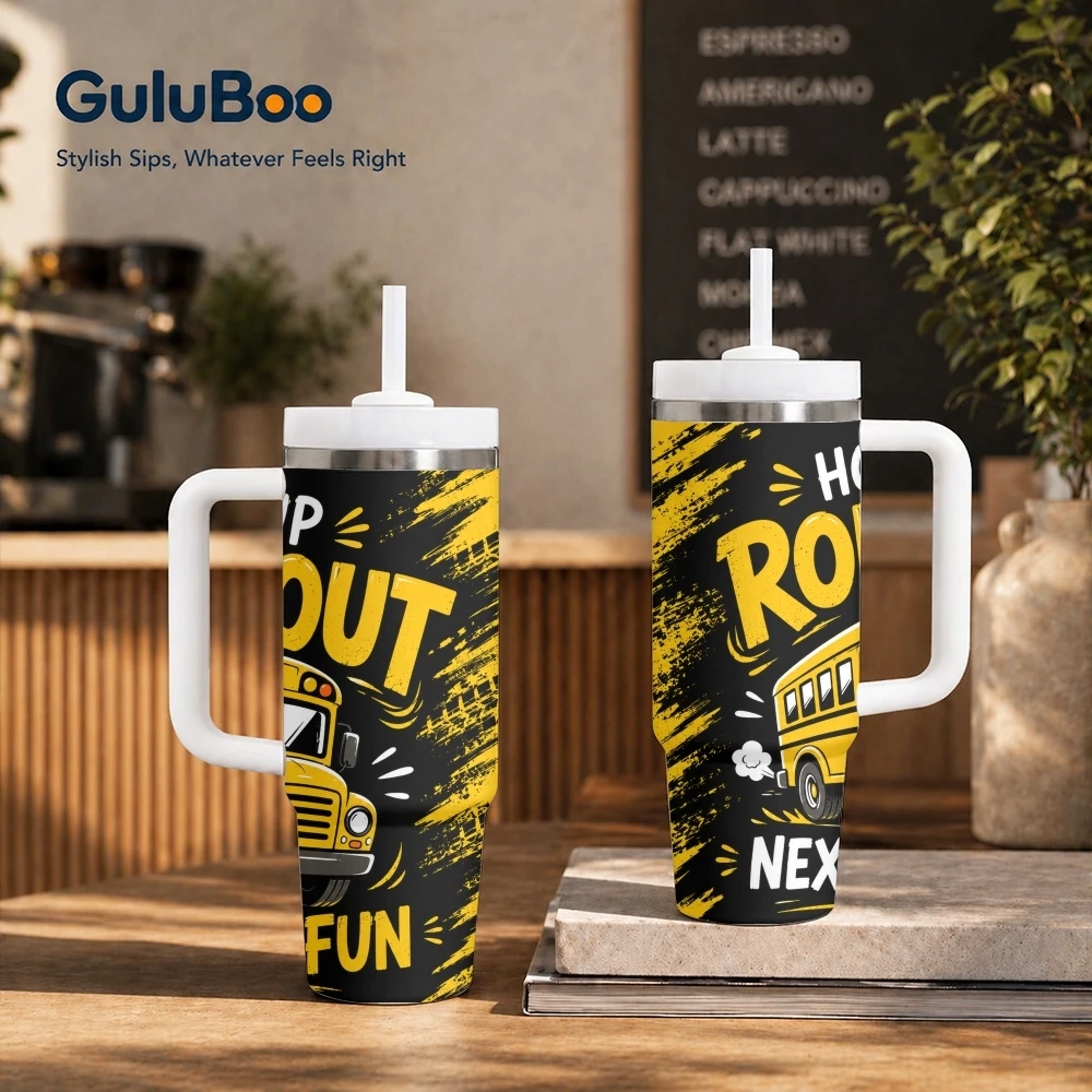 School Bus Sign Vacuum Flasks 40oz Stainless Steel Insulated Tumbler with Handle & Straw Leakproof Travel Mug