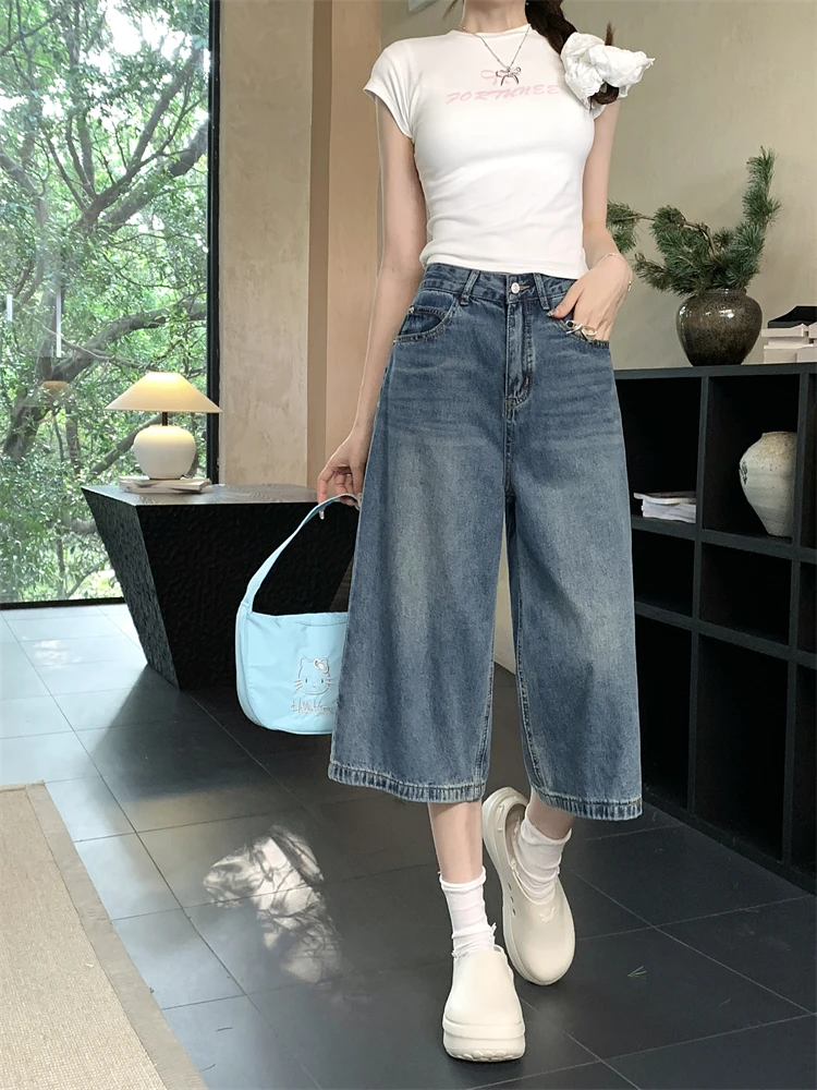 Vintage Women Denim Pants Spring Summer High Waist Loose Wide Leg Cropped Pants Female Casual Jeans Street wear