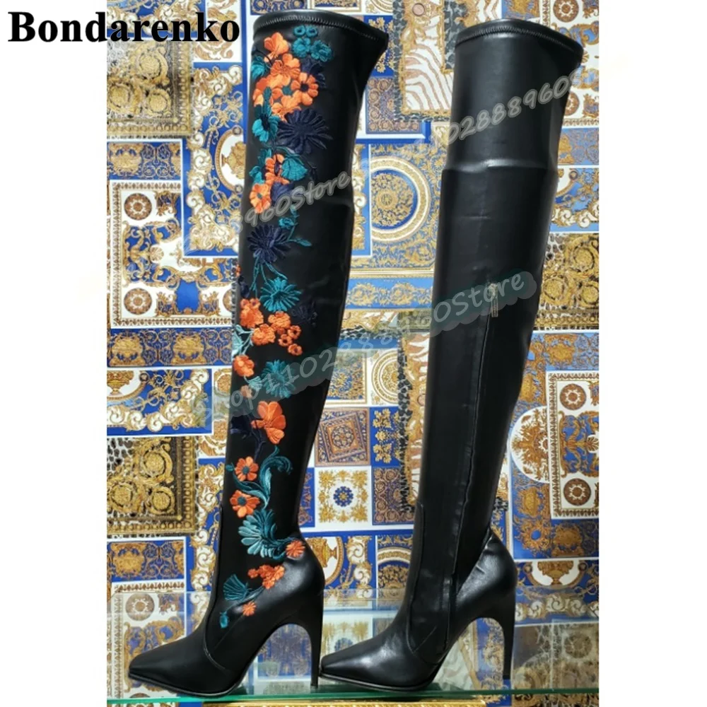 

Over The Knee Black Embroidery Leather Pointy Boots Stilettos High Heel Shoes For Women Side Zipper Pointed Toe Trending Boots