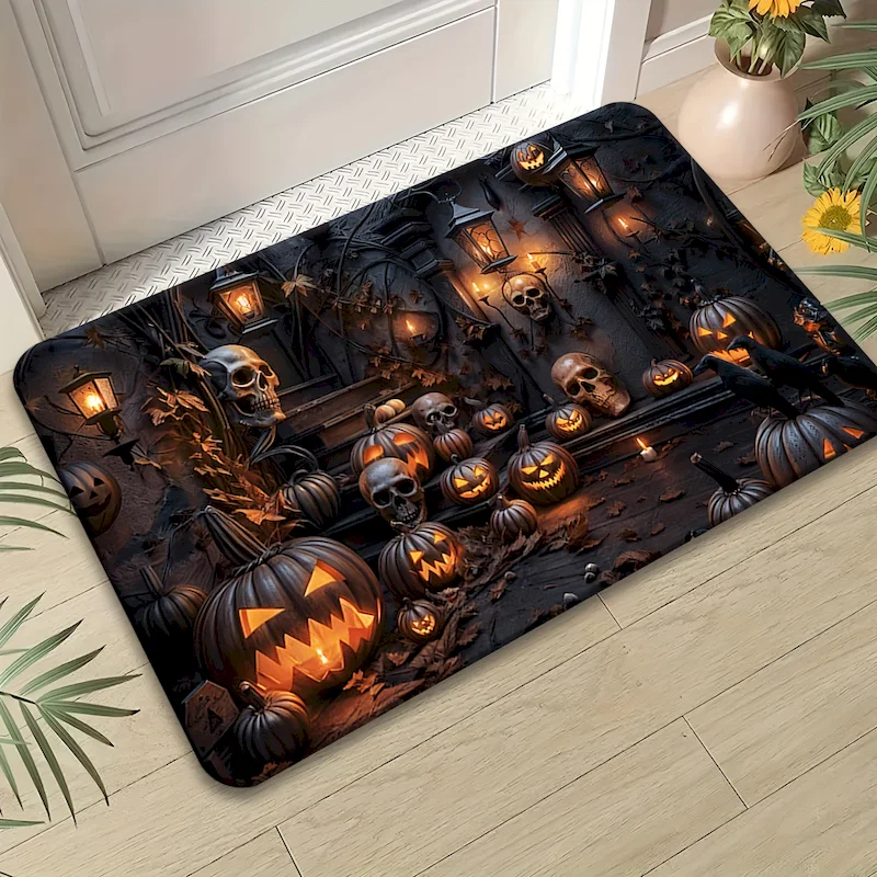 VIKAMA Halloween 3D Skeleton Crow Door Mat Anti slip Waterproof Floor Mat Retro Cemetery Lantern Print Carpet Home Decoration