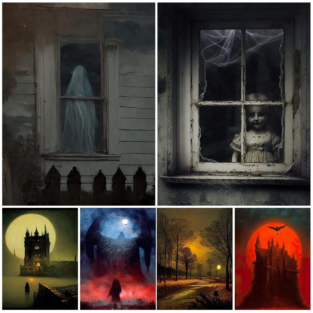 Terrible Haunted House And Ghost Abstract AI Art Poster And Print Witch Home In The Forest Vintage Wall Art Canvas Print Decor