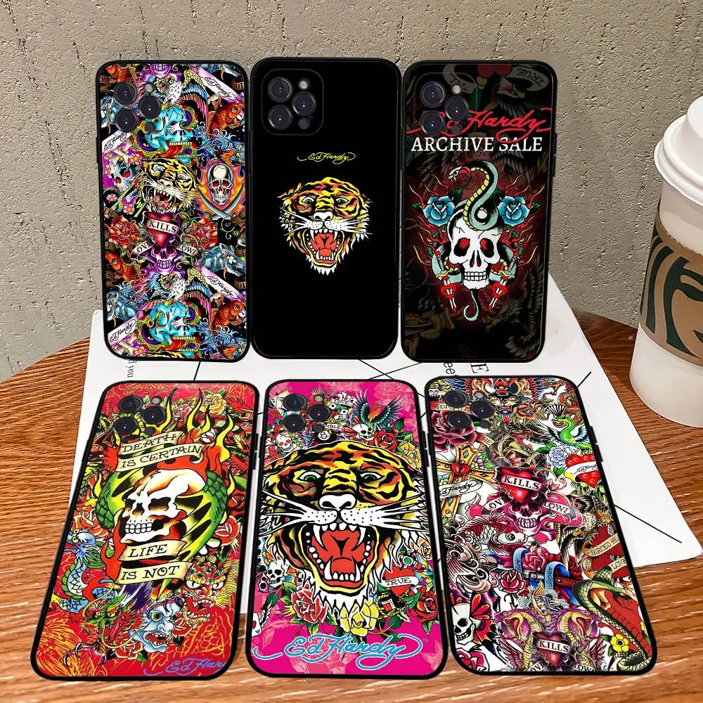 Capa de Celular Macia Preta Fashion E-Ed H-Hardy para iPhone 16 15 14 13 11 12 17 Pro Max Mini Plus