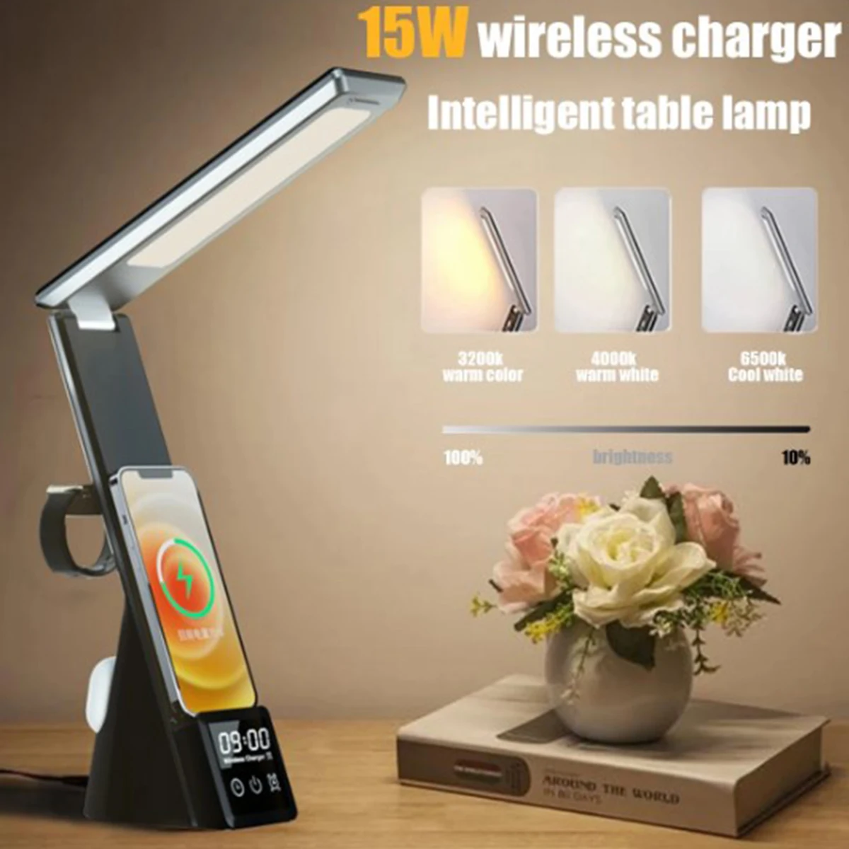 2024 New 3-in-1 15W Wireless Charger with LED Folding Table Lamp and Clock Touch, Suitable for iPhone 15, 14, 13, 12 Pro Max