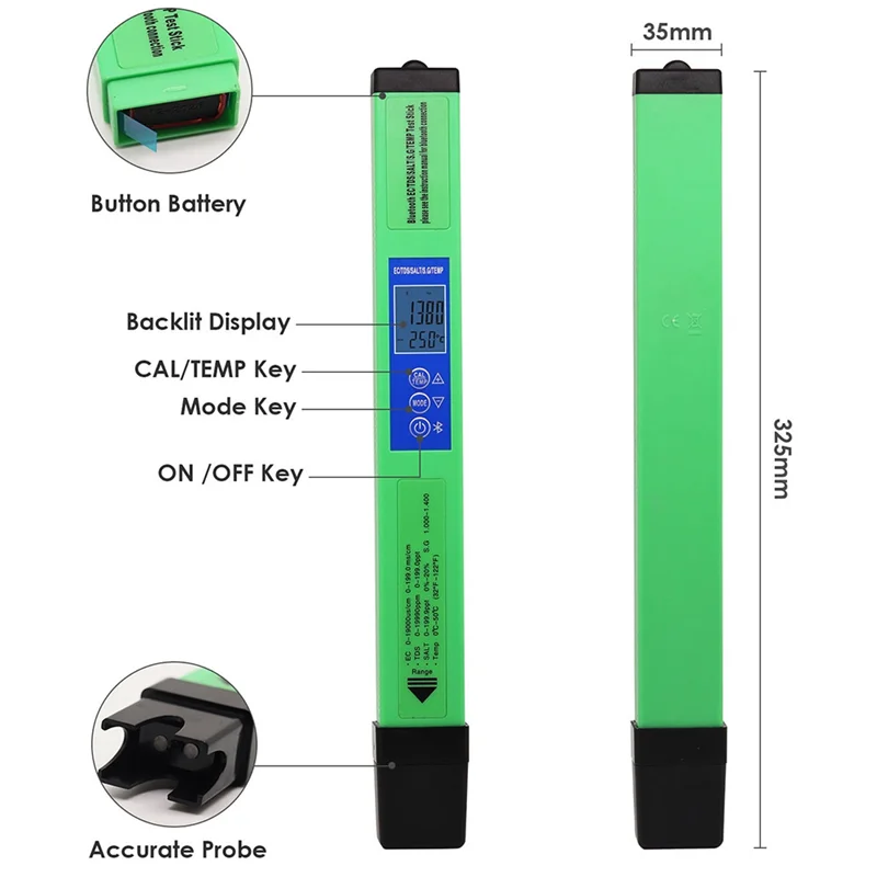 A41Z-Green Water Quality Tester Digital EC TDS SALT SG TEMP  Bluetooth APP Control For Drinking Laboratory Aquarium