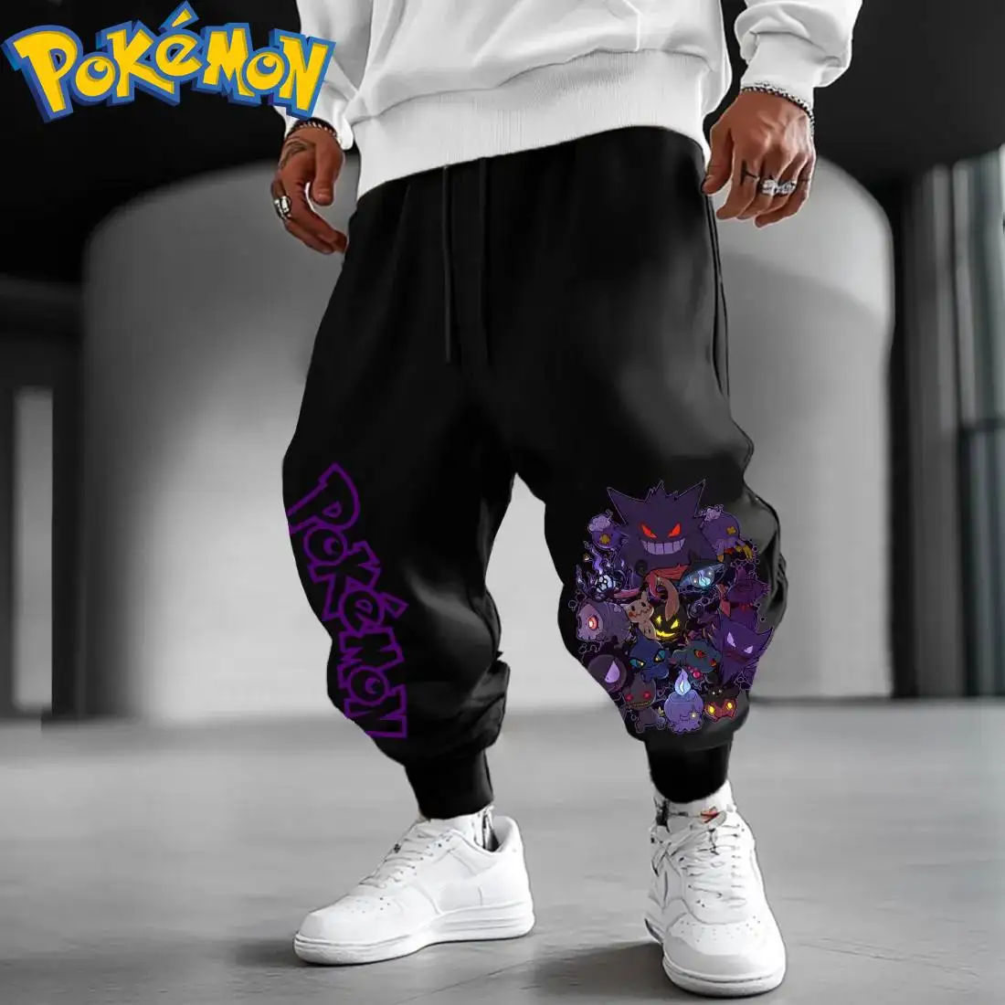 ポケモンアニメゴーストタイプキャラクターコットンパーカー原宿パンツセット黒紫パターン輝く目付きツーピース衣装