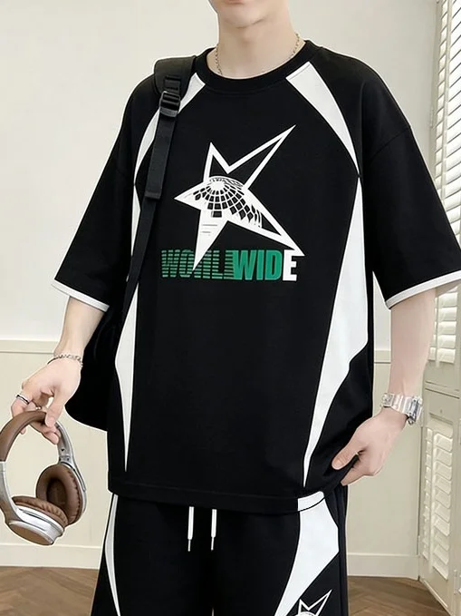 Conjunto Masculino de Verão Americano: Camiseta e Shorts Esportivos de Seda Gelada, Solto e Casual, em Fibra de Poliéster, pa...