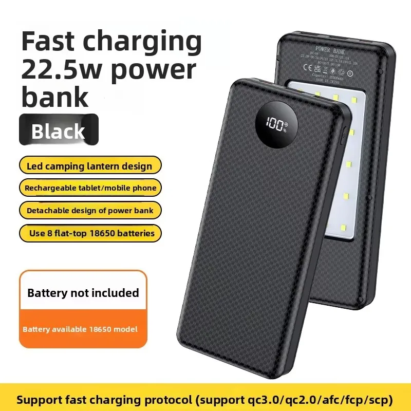 

8*18650 Power Bank Cases Battery Box Holder Dual USB Type C Charge Shell With Wireless Charger Camping Lights for iPhone Huawei