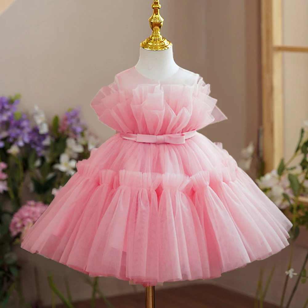 Elegant Ruffles Wedding Party Baby Girls Dress Tulle Pink Bow Bridemaid Princess Birthday Kids Dresses For Girl Evening Costumes