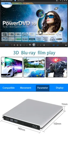 Imagen 2 del producto Unidad óptica externa ultrafina con grabación de Blu-Ray 4K, USB 3.0, reproducción de DVD, Blu-Ray R/W 3D, grabador de CD/DVD