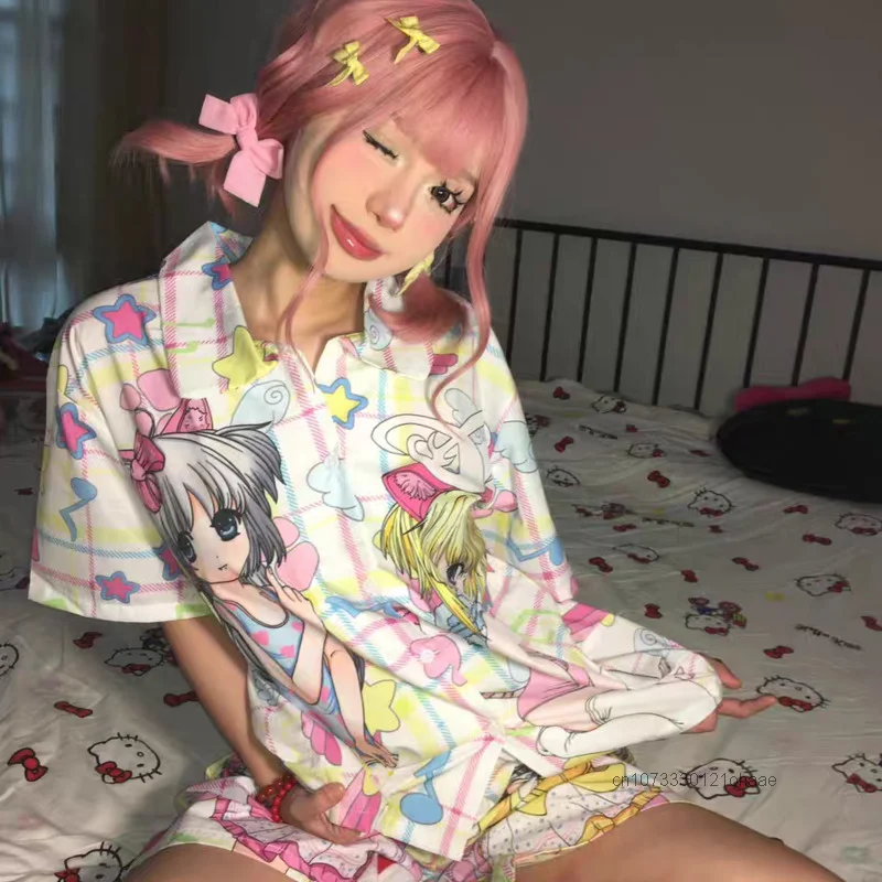 Sweet Soft Y2k Girl Fashion Anime Sleepwear Women\'s Summer New Cute Cartoon Thin Home Set Japanese Style Harajuku Kawaii Pajamas