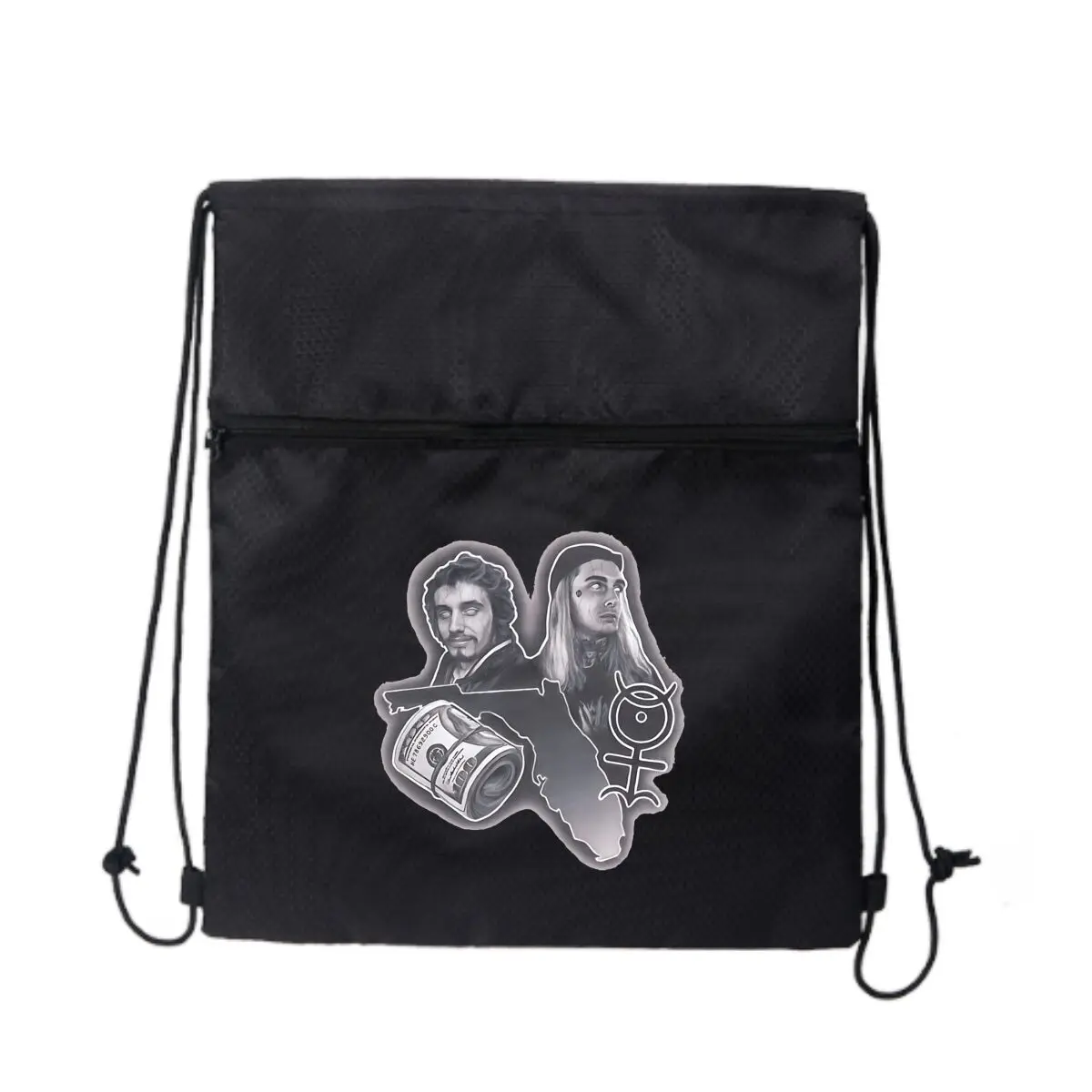 

Графика с двумя фигурками, денежным рулетом и символом. Черные сумки на шнурке. Рюкзак на шнурке для занятий спортом, путешествий в тренажерном зале.