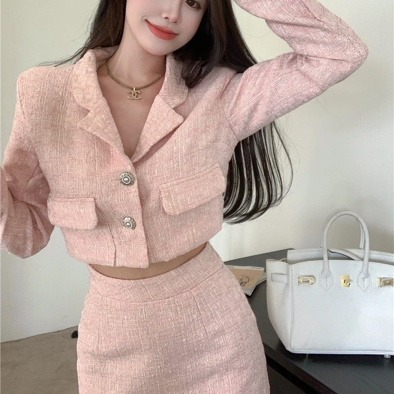 2022 Spring New Korean Fashion Casual Tweed Sets Lapel Jacket Coat + High Waist Bag Hip Mini Skirt Two Piece Suits Female