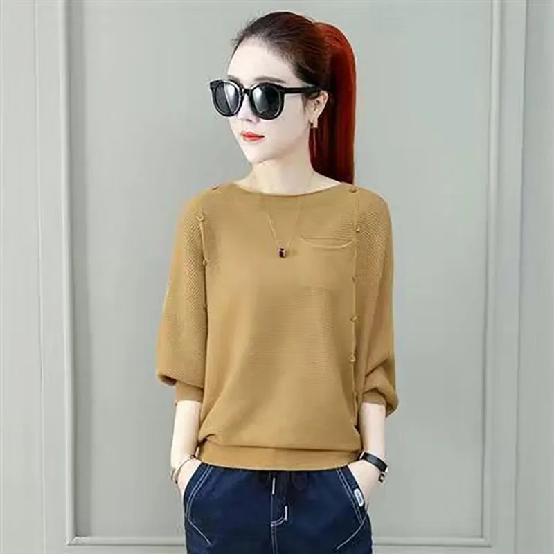 

Fashion Slash Neck Spliced Button Batwing Sleeve Knitted Sweater Female Clothing 2023 Winter New Casual Pullovers Korean Tops