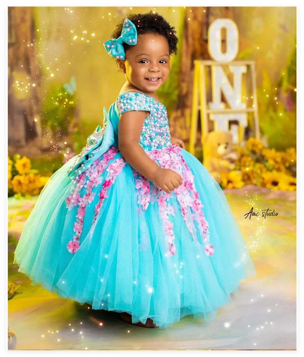 

Flower Girl Dresses Golden Decal Tulle Children's Bow Party Birthday Pageant Robe Holy First Communion