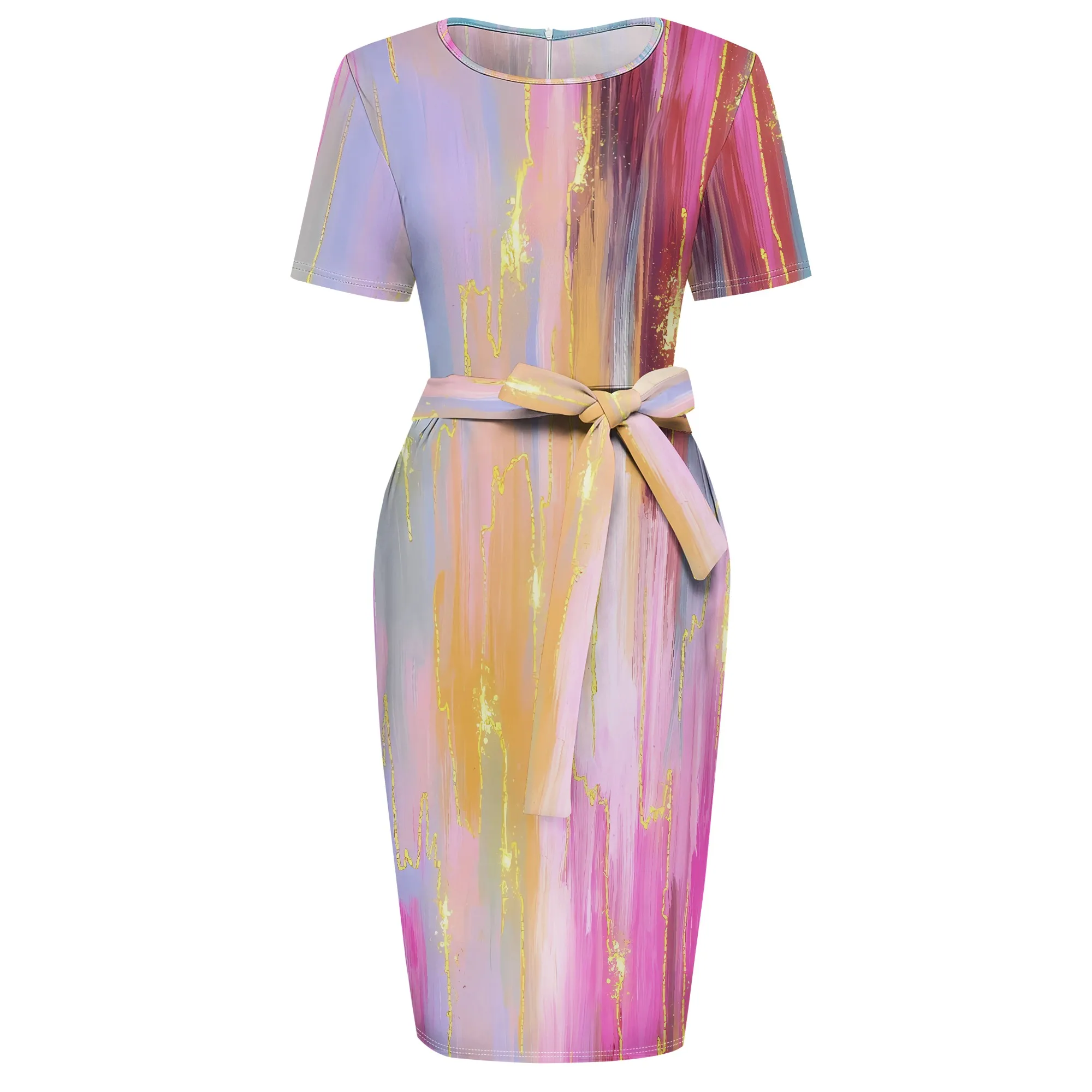 Vestido midi ajustado de verano para mujer, manga corta, estampado de rayas degradadas, aspecto informal con cinturón