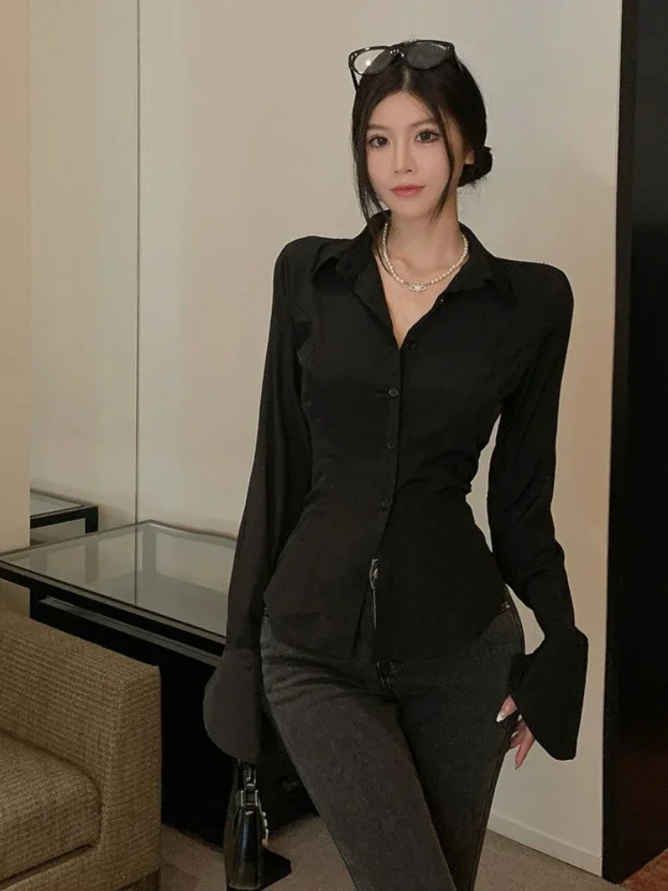 

Женские сексуальные блузки Y2K на шнуровке, винтажные, с расклешенными рукавами, укороченные, в корейском стиле, модные, облегающие, шикарные, для весенних клубных образов, однотонные