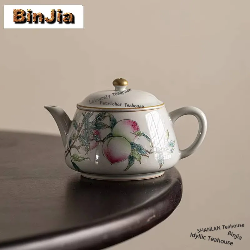 150ml Boutique Pure Hand-painted Pink Longevity Peach Teapot Handamde Sketch Pot Tea Maker Kettle Tea Services Supplies Craft