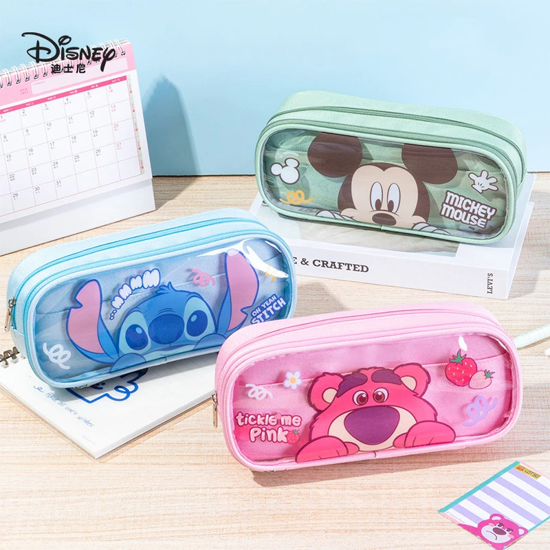 disney large capacidade transparent pencil case bonito papelaria bolsa student pen box material escolar ponto lotso mickey 01