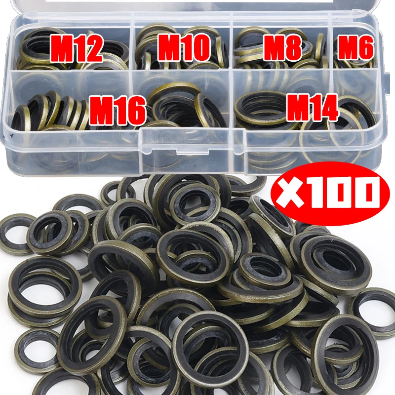 100pcs Bonded Washer Metal Rubber Oil Drain Plug Gasket for M6 M8 M10 M12 M14 M16 Combined Washer Sealing Ring Fasteners