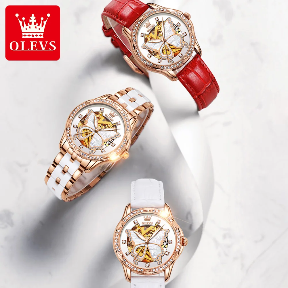 OLEVS 6622 Women\'s Watch Butterfly Dial Luxury Waterproof Mechanical Watch For Women Hollow Ceramic Strap Automatic Wristwatch