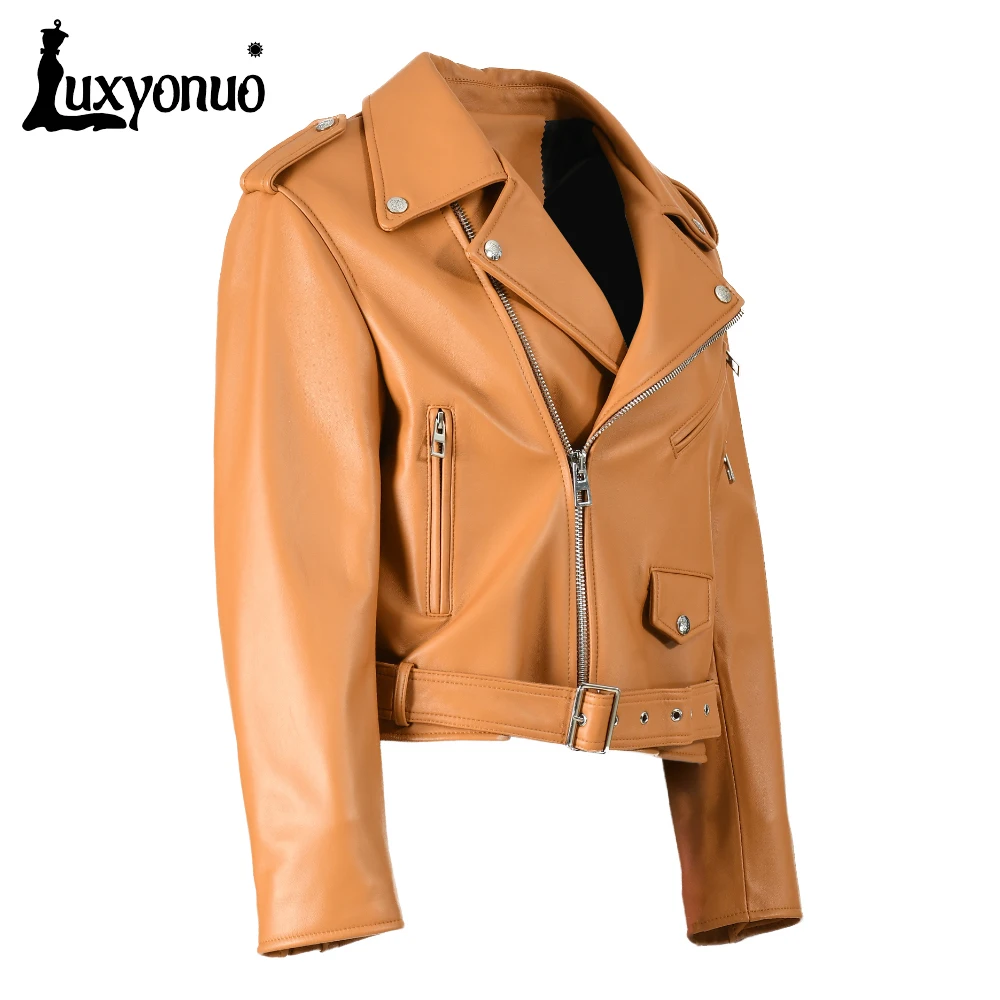 Luxyonuo-Veste de motard en cuir véritable pour femme, manteau en peau de mouton avec ceinture, fermeture éclair moto, printemps, nouveau, 2023