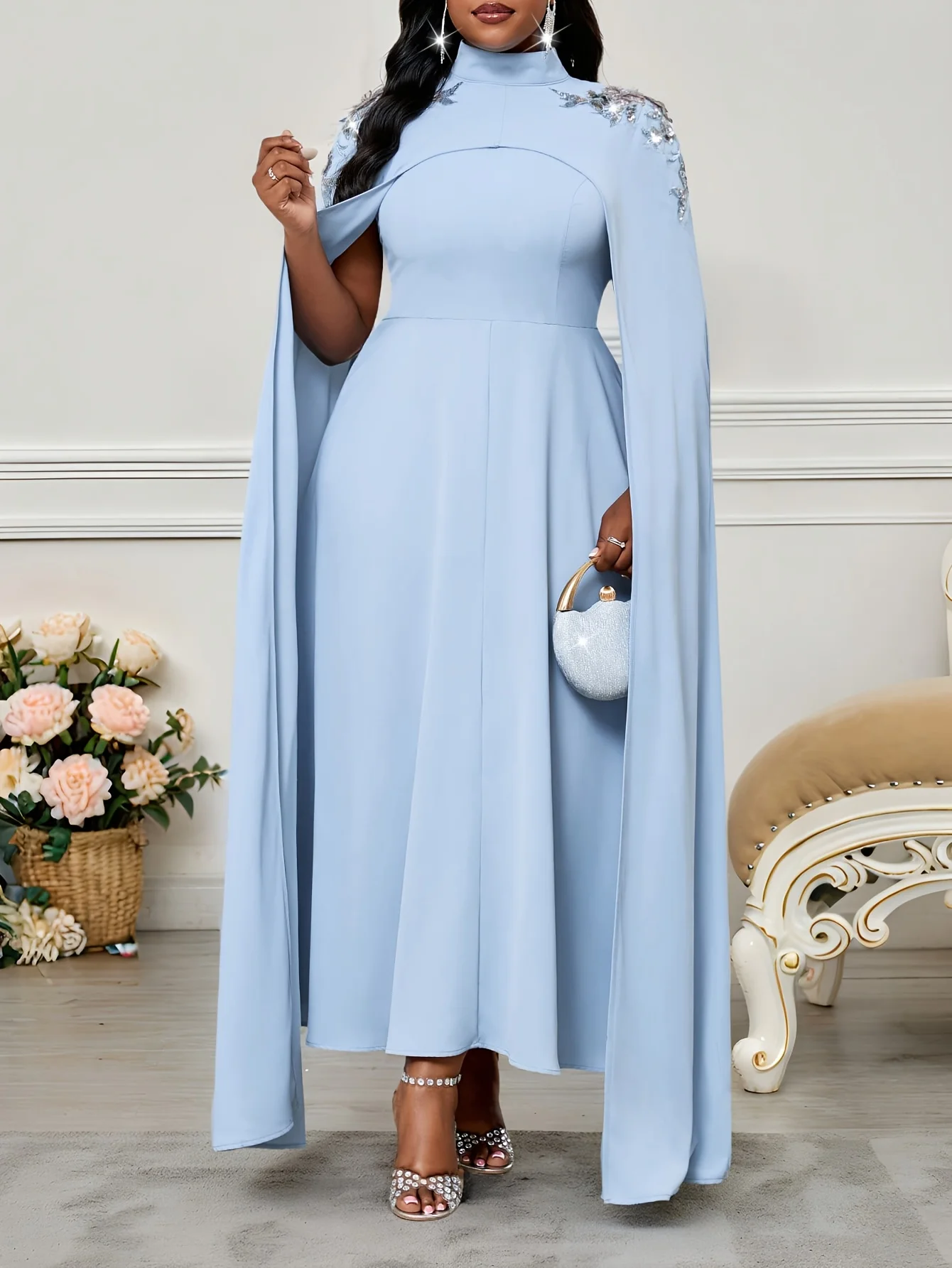

Plus Size Light Blue Cape Midi Dress, Women's High Neck Embellished A-Line Evening Gown