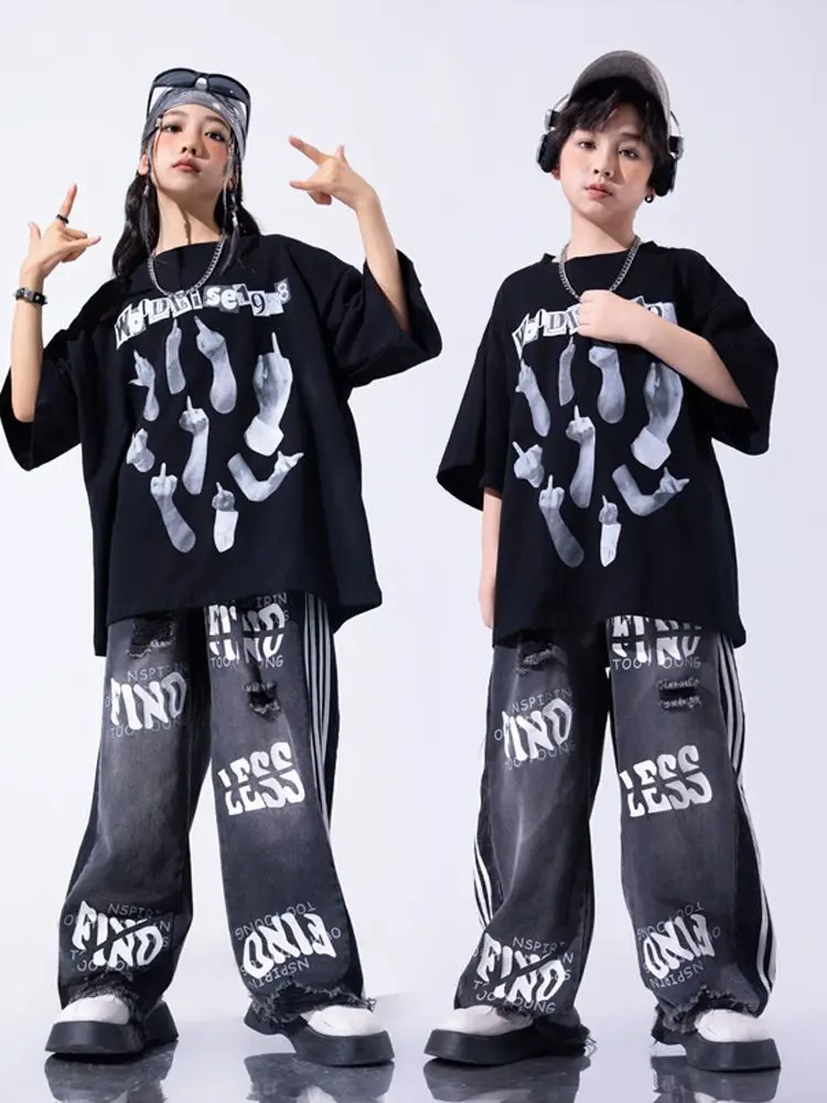 

Одежда для танцев в стиле хип-хоп для подростков, свободные топы для уличных танцев для мальчиков, черные брюки-карго, костюм для барабанного джаза для девочек