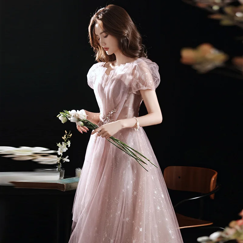 

French Style Evening Dress Women's Pink Exquisite Sequins Tulle Square Collar Puff Short Sleeve Floor-Length Banquet Dresses