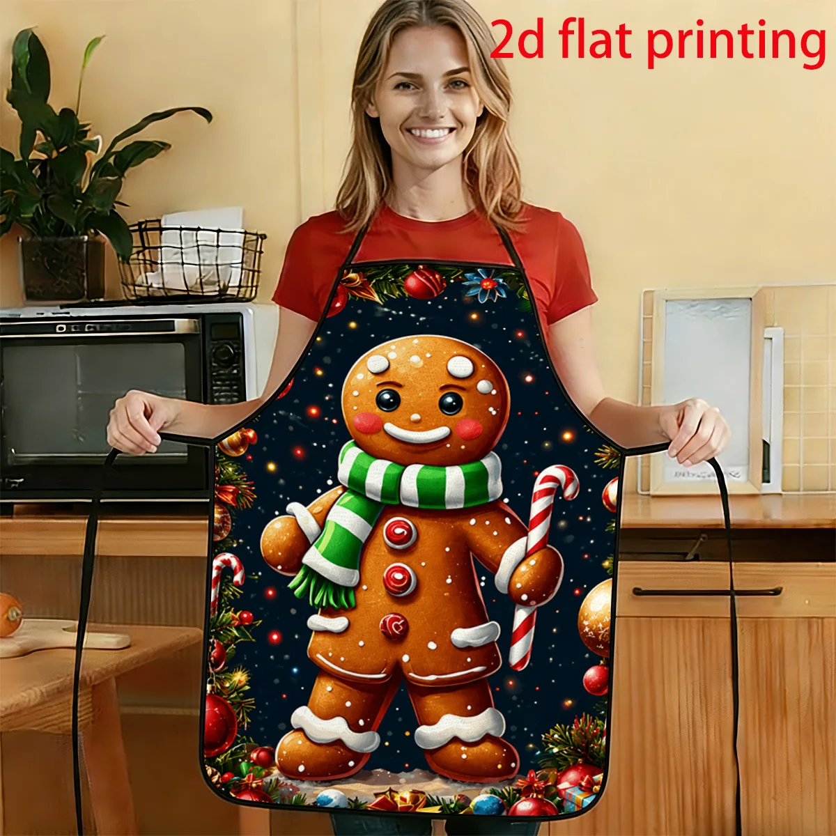 1pc 2D Flat Christmas Fairytale Style Gingerbread For Man With Colorful Ornaments And Pine Branch Pattern Printed Apron Durable
