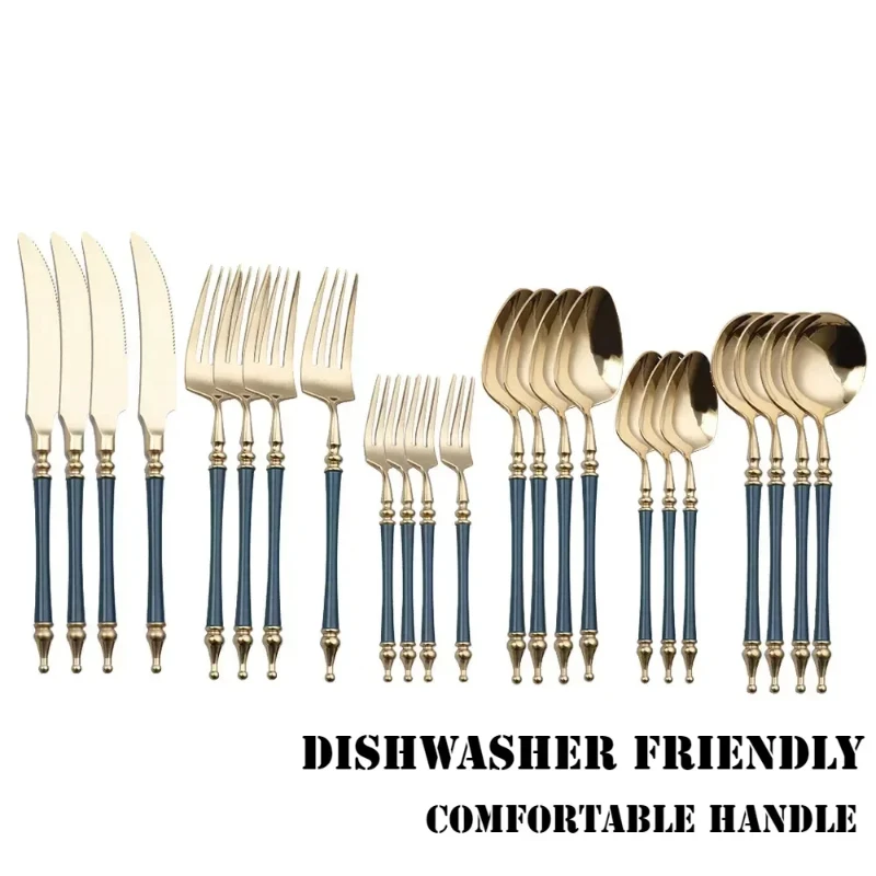 Luxury Western Gold Dinnerware Set Stainless Steel Knife Fork Tea Spoon Tableware Cutlery Set Kitchen Flatware Dishwasher Safe