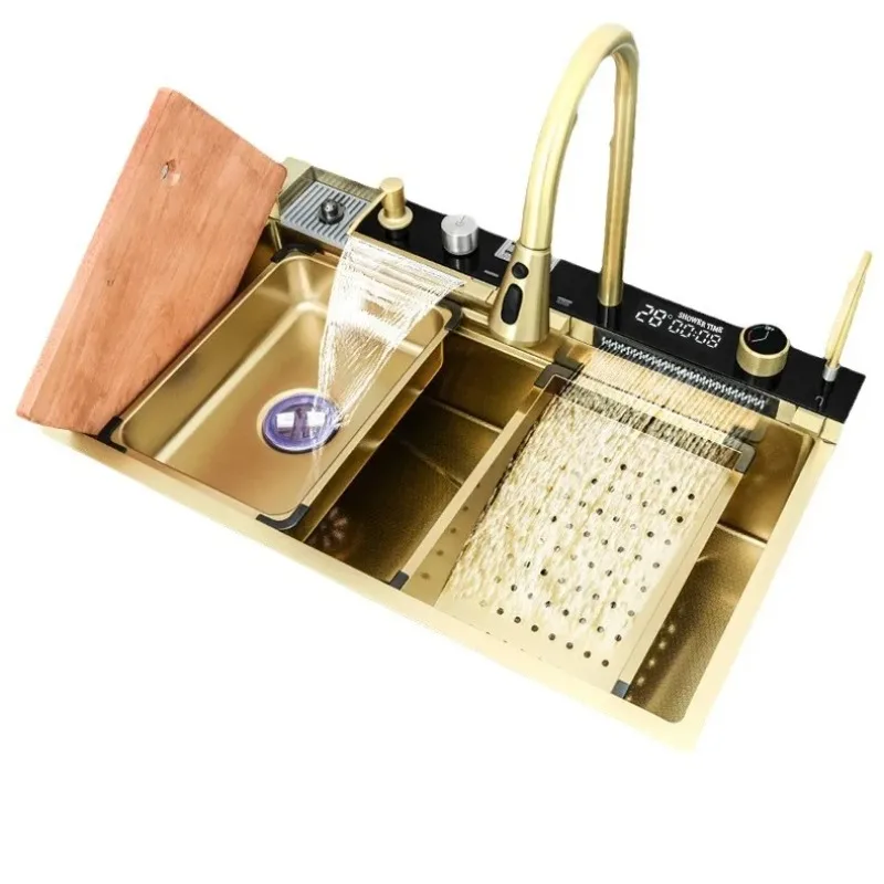 Best-selling Handmade Gold-plated Waterfall Faucet Multifunctional Stainless Steel Kitchen Sink