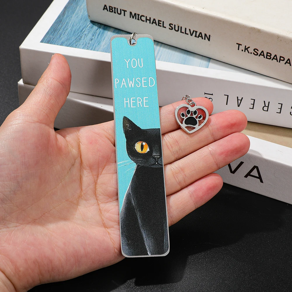 

New Cute Black Cat Stainless Steel Bookmark YOU PAWSED HERE with Silver Cat Paw Pendant Christmas Gift for Cat Slaves