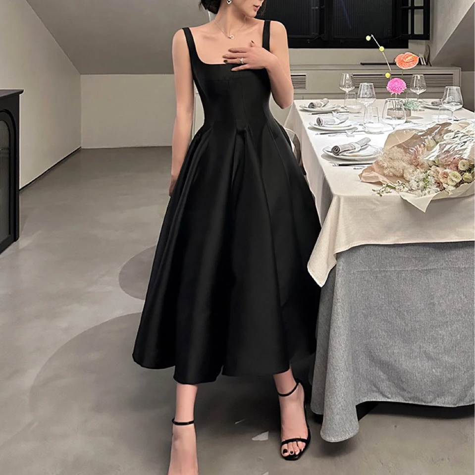 White Satin Long Prom Evening Dresses for Women Summer 2023 French Vintage Celebrity Hepburn Slim Cocktail Formal Black vestido