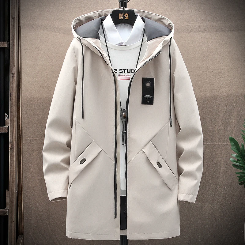 Men's Trench Coat Spring Autumn New Solid Color Loose Large Size Casual Business Office Hooded Coat Men's Medium Length Jacket