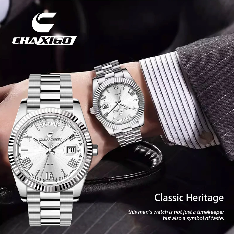 

CHAXIGO Fashion Trendy Watches for Men 044 Solid Steel Belt Large Dial Quartz Calendar Men's Watch Relojes Para Hombres Relógio