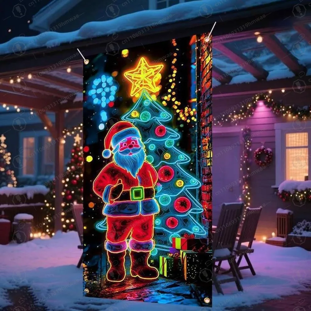 

Large 2D Flat Christmas Door Cover Fluorescent Santa Snowman Tree Night Glow Party Decoration, 35"x71" Front Door Covers