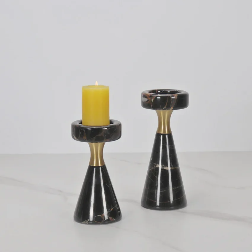 Natural marble bottom conical splicing metal black gold flower cave stone candle holder model room home living room decoration