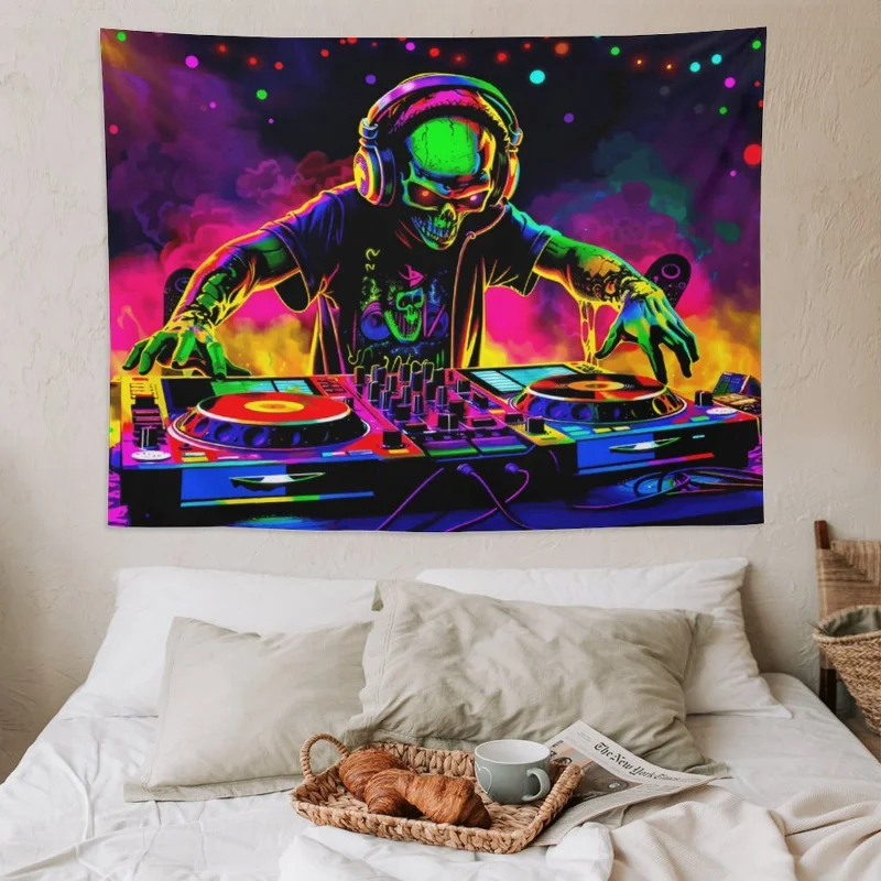 VIKAMA Glow-In-Dark Skull DJ Tapestry - Neon Turntable Music