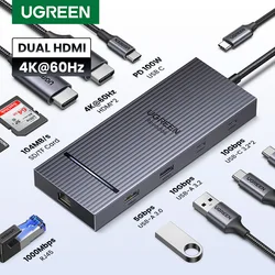 UGREEN Revodok USB C разветвитель 10 Гбит/с 4K60 Гц двойной HDMI USB3.2 PD100W SD&TF RJ45 USB разветвитель док-станция