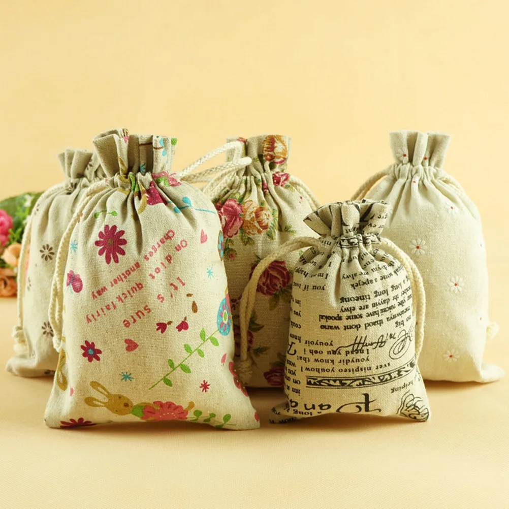 

20pcs Multifunctional Small Linen Bags Burlap Drawstring Bag Gift Jewelry Pouch for Wedding Party 9 * 12cm (Brown Daisy Pattern)