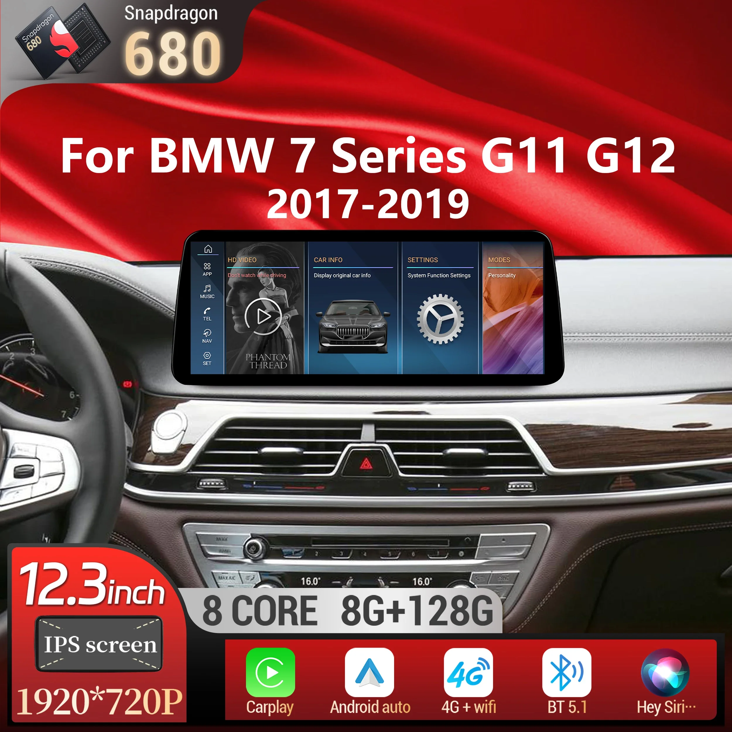 12.3 inch Android 14 For BMW 7 Series G11 G12 2017-2019 Car Radio 4G GPS Wireless Carplay Snapdragon 680 Screen