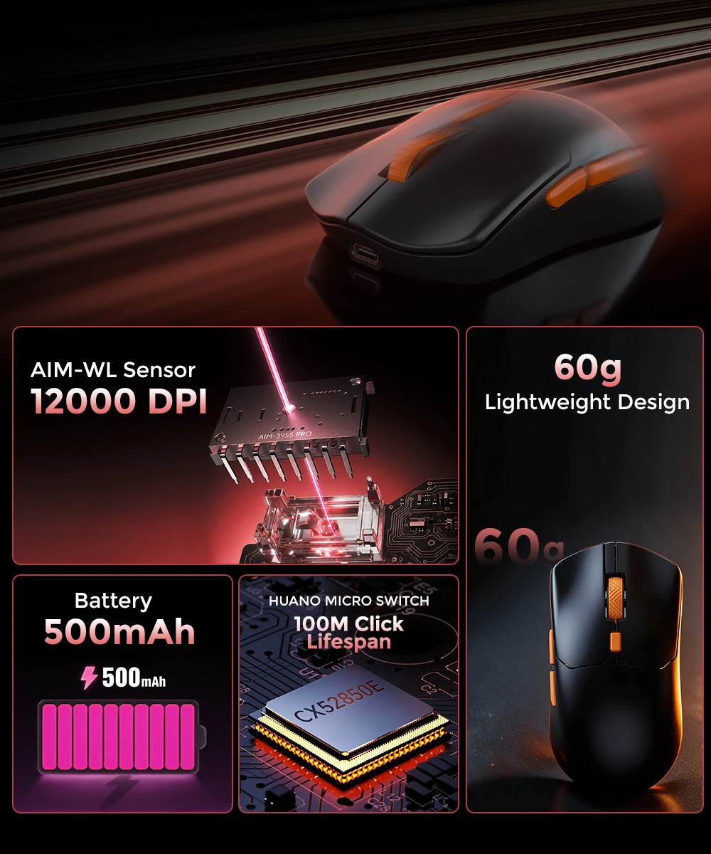 DAREU Lightweight 60g Wireless Gaming Mouse Tri-mode Connect AIM-WL12000 DPI 500mAh Rechargeable Macro Mice HUANO MICRO SWITCH