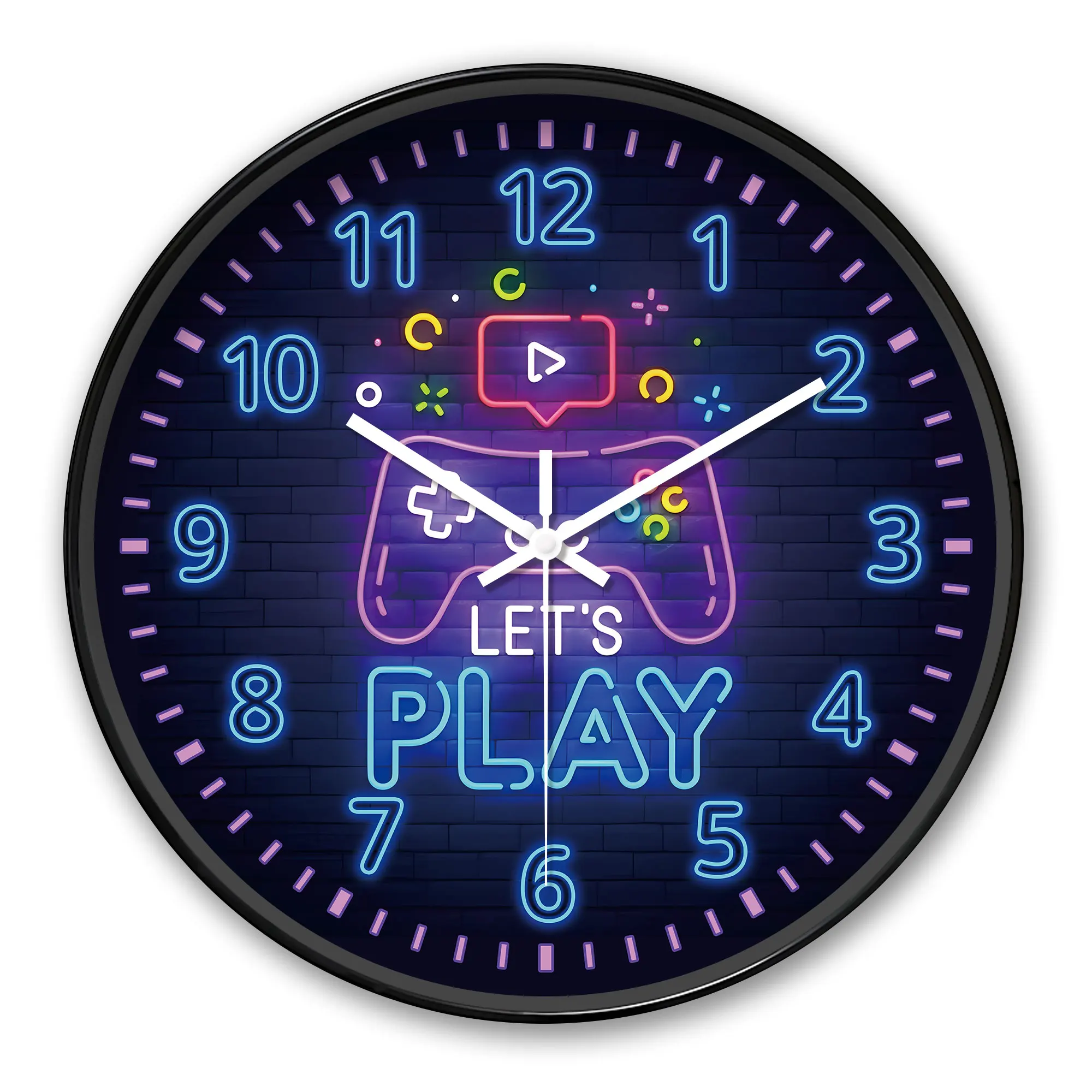 Jeu rond - Horloge murale néon sur le thème, décor de manette de jeu "LET'S PLAY" (piles non incluses), 10-16 pouces