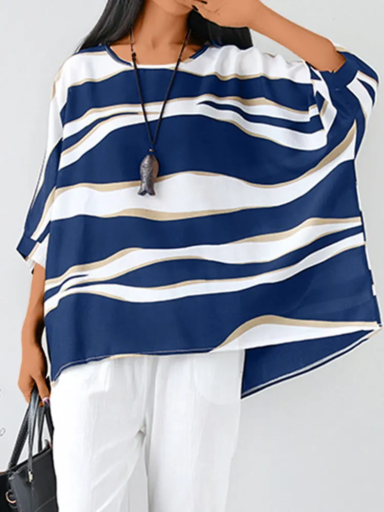 ZANZEA Women O Neck Blouses Oversized Half Sleeve Baggy Tops 2023 Summer Stripe Colorblock Shirts Casual Loose Holiday Blusas