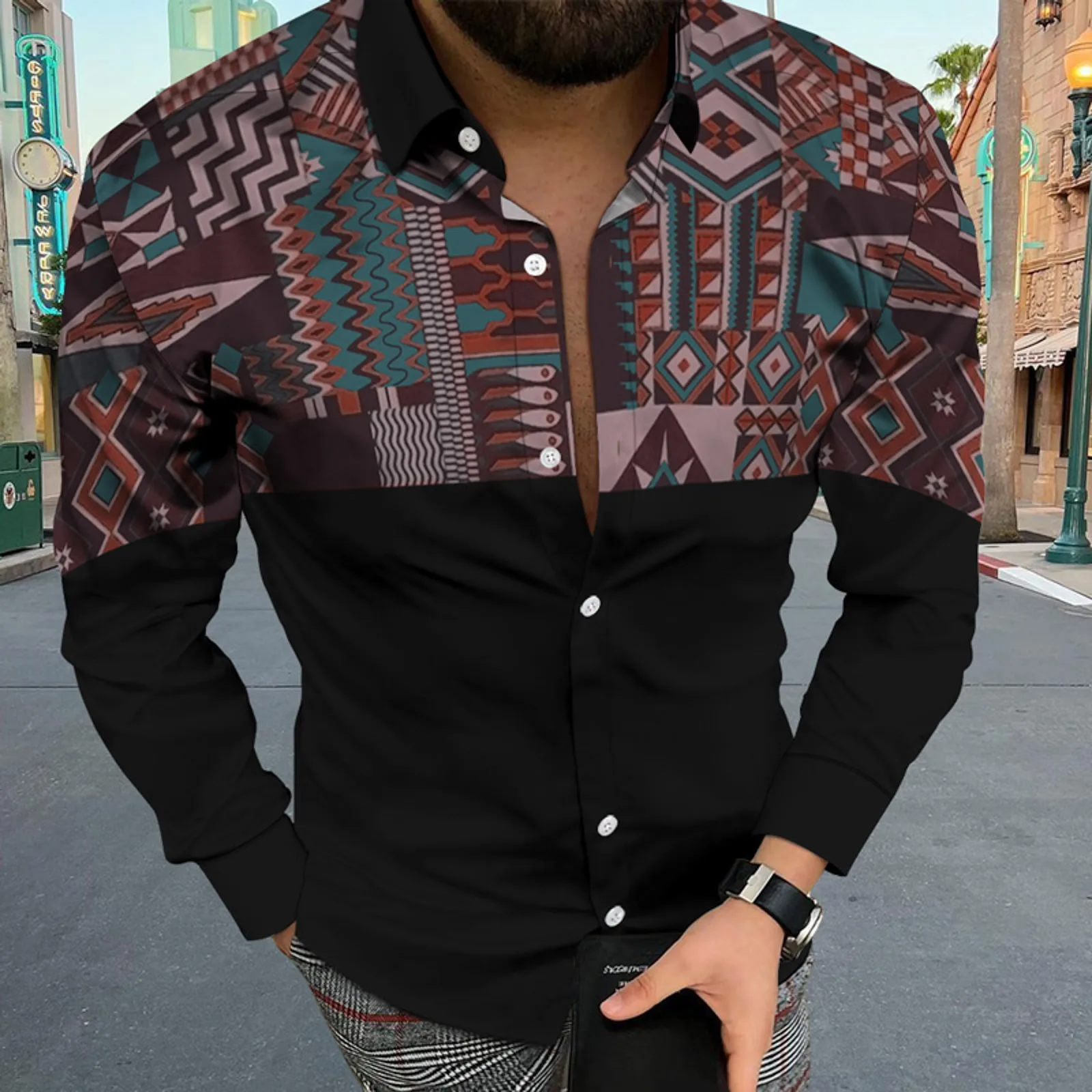 Social Fashion Men Shirts Casual  Buttoned Shirt Aztec Ethnic Print Long Sleeve Tops Blouses