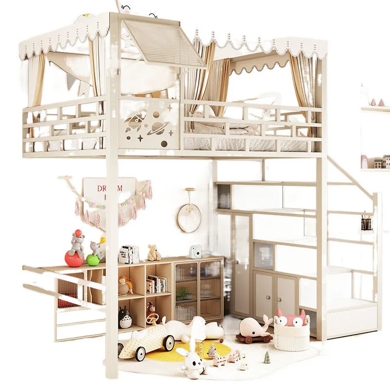 Wrought iron elevated duplex single upper floor small apartment under table loft children's loft bed under empty bed
