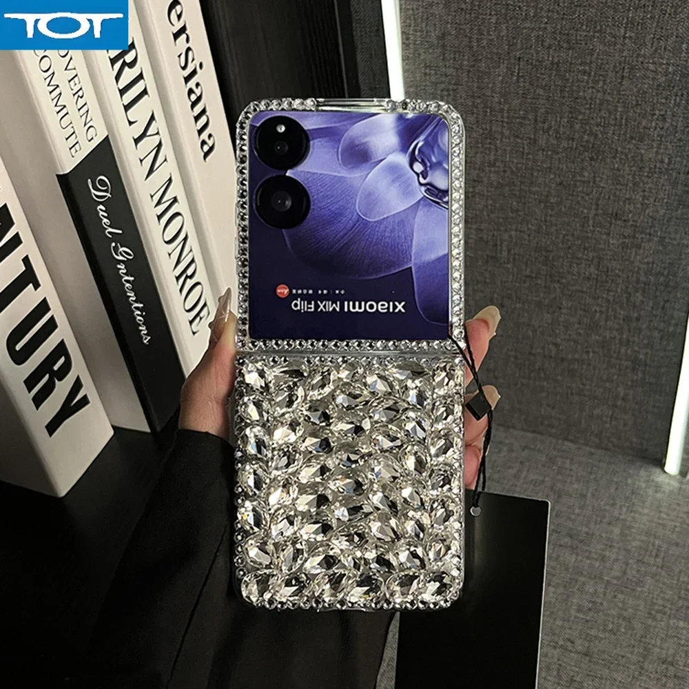 

Bling Full Coverage White Crystal Phone Case For XiaoMi Mix Flip Diamond Rhinestone Water Drop Hard PC Cover For MixFlip