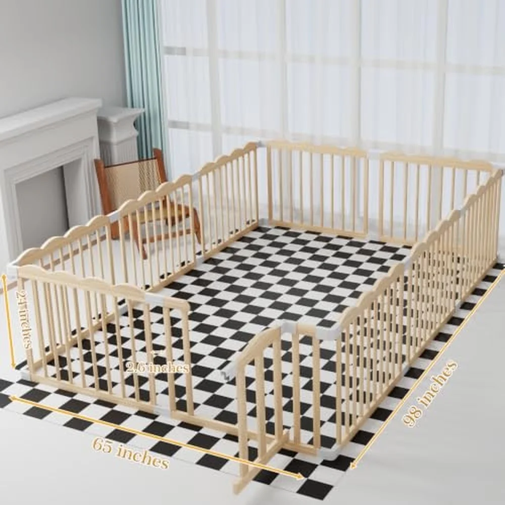 Wooden Baby Playpen 98x65x24In Adjustable Play Yard with Lock Gate